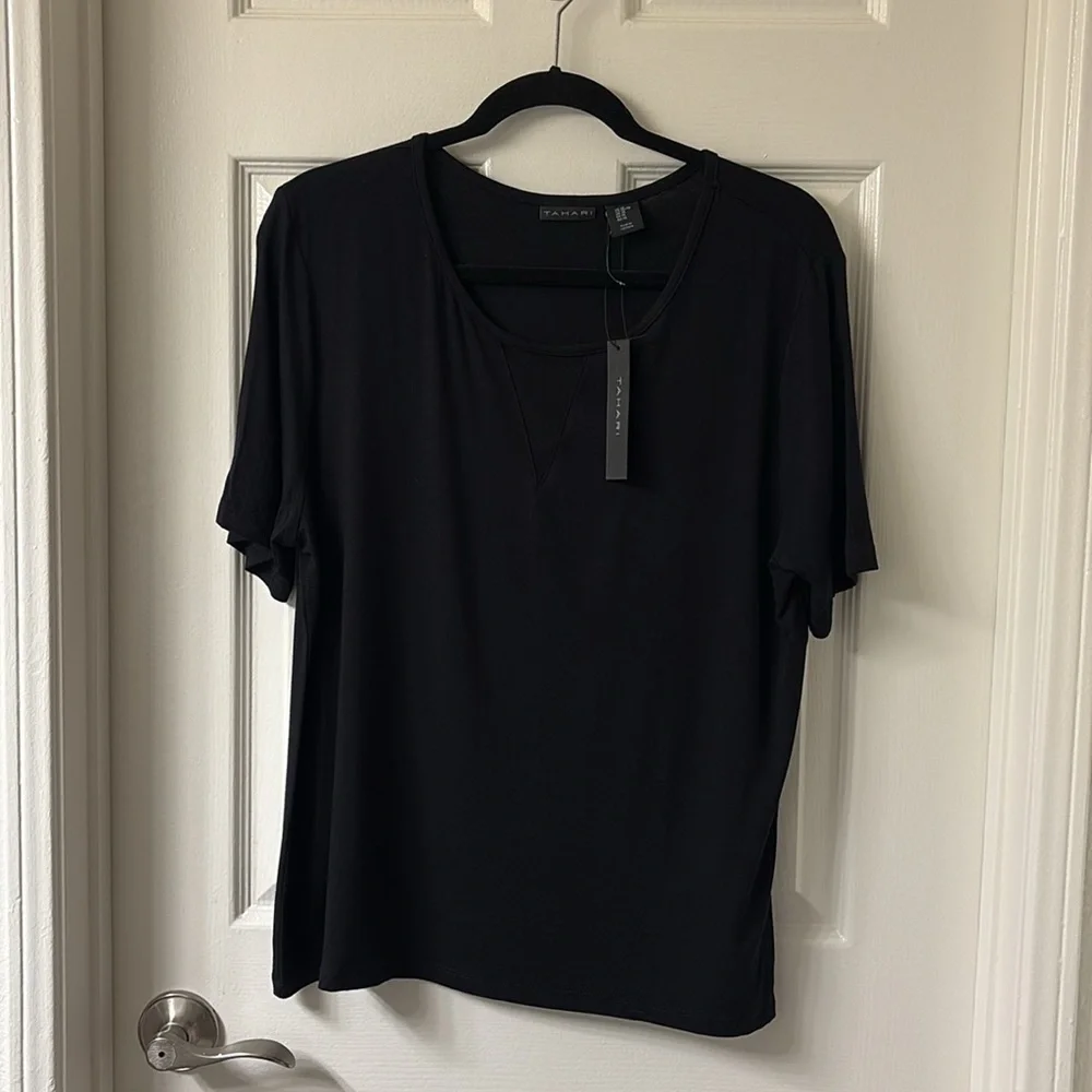Tahari Short Sleeve Top with sheer v panel neckline - Picture 1 of 4